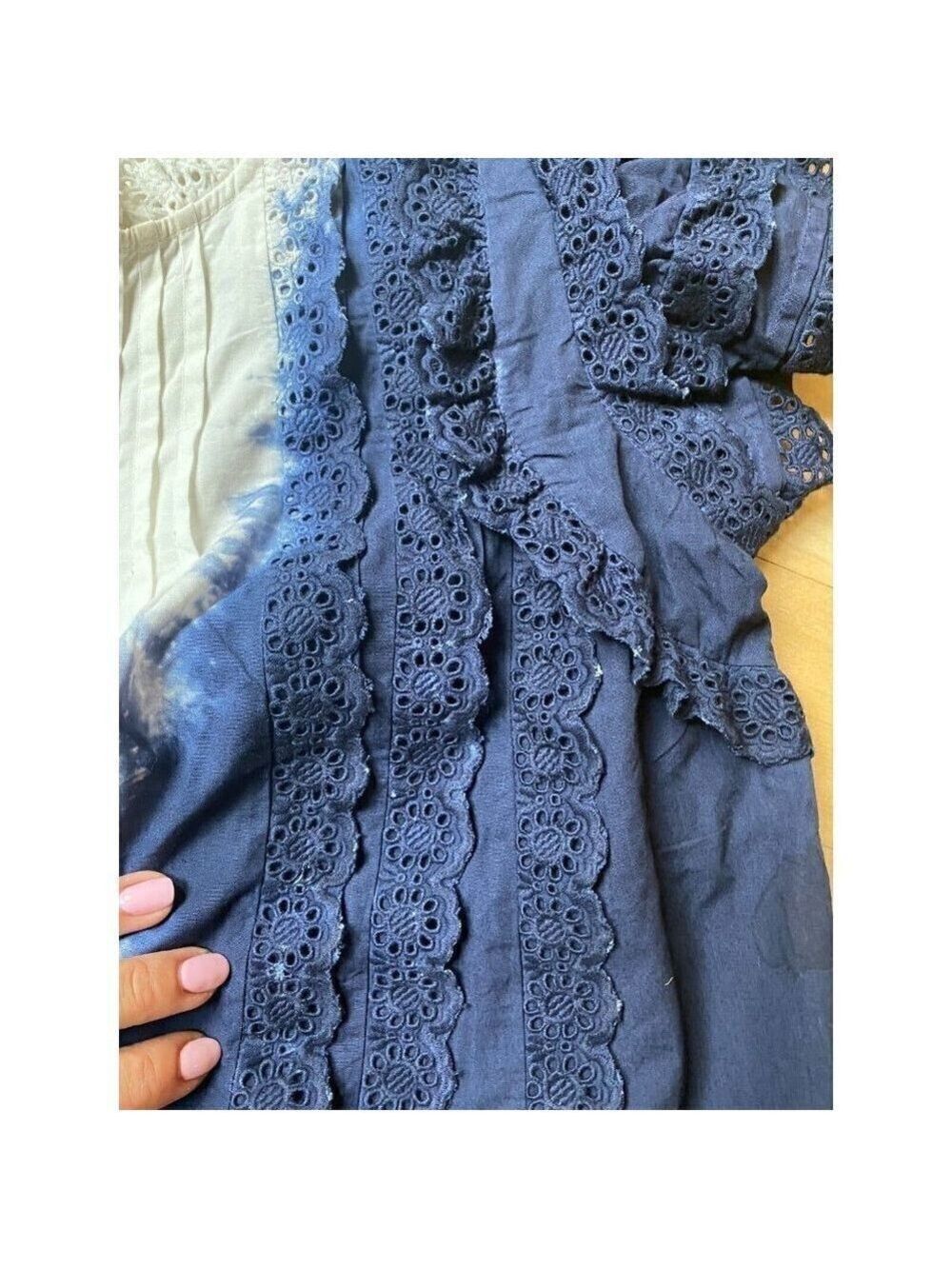 sea "Evelyn" Cotton Tie Dye Blouse Top New Blue White Eyelet Lace Ruffles - Picture 7 of 8